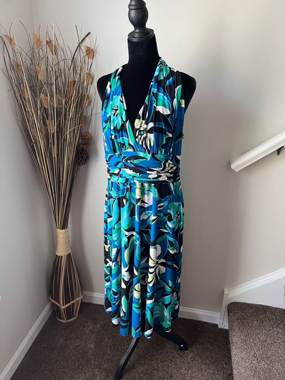 Evan Picone Teal, Blue & Black Floral Halter Midi Dress